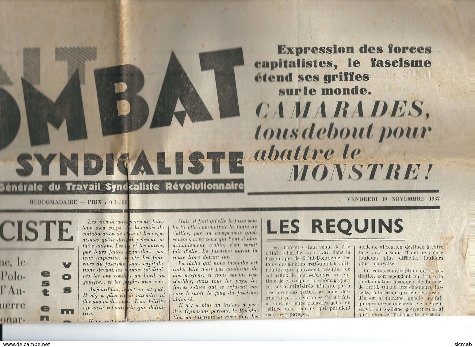 1937,LE COMBAT SYNDICALISTE, Organe Officiel De La Confédération Générale Du Travail Syndicaliste Rev. 19 Nov 1937 - Autres & Non Classés