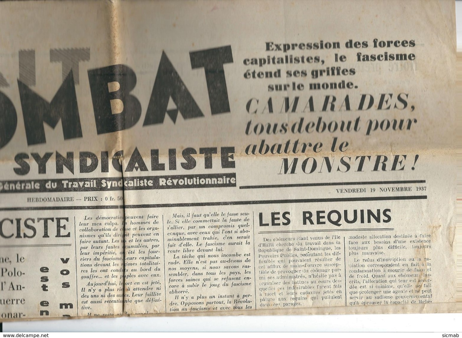 1937,LE COMBAT SYNDICALISTE, Organe Officiel De La Confédération Générale Du Travail Syndicaliste Rev. 19 Nov 1937 - Autres & Non Classés