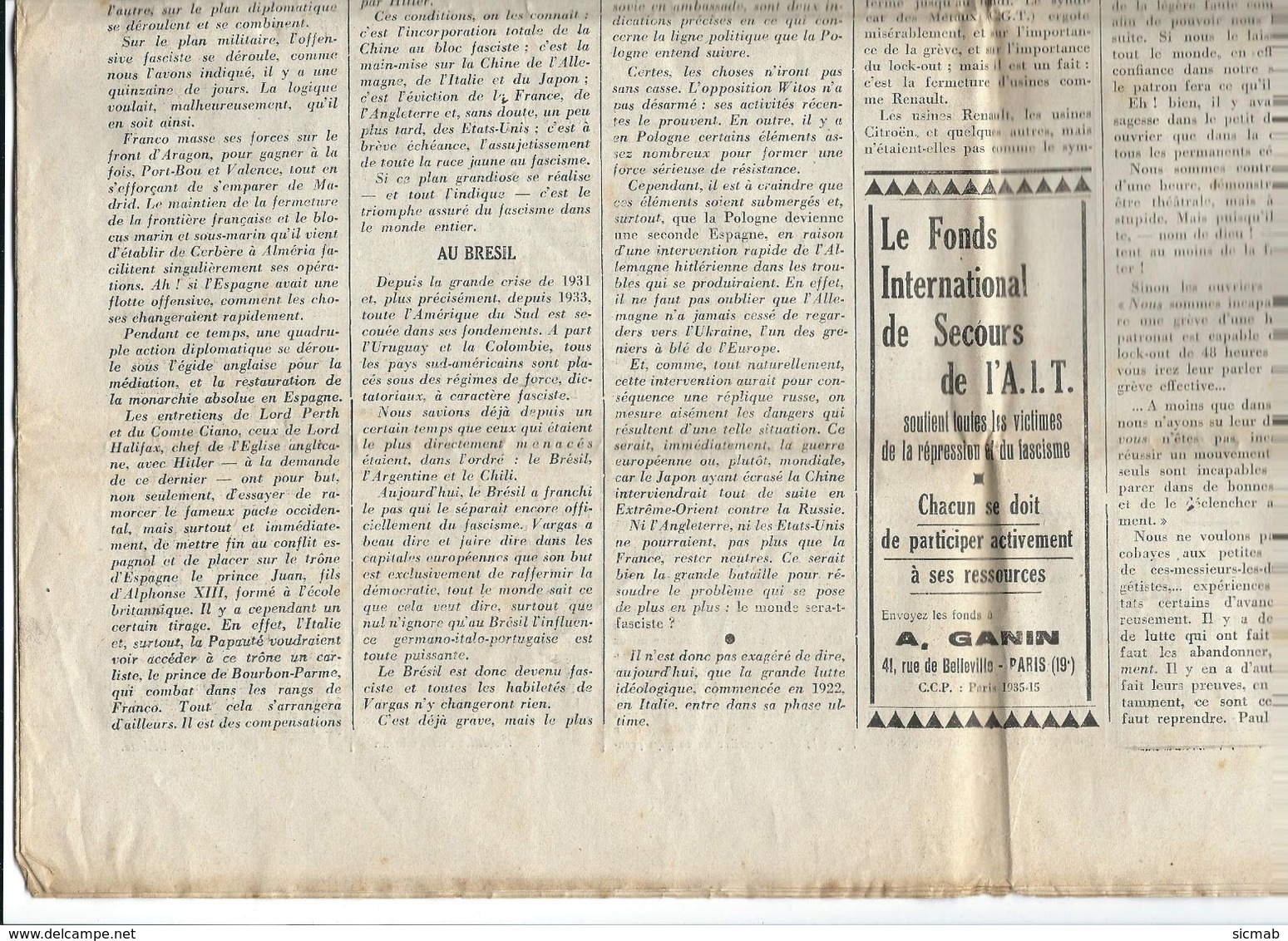 1937,LE COMBAT SYNDICALISTE, organe officiel de la Confédération Générale du Travail Syndicaliste Rev. 19 nov 1937