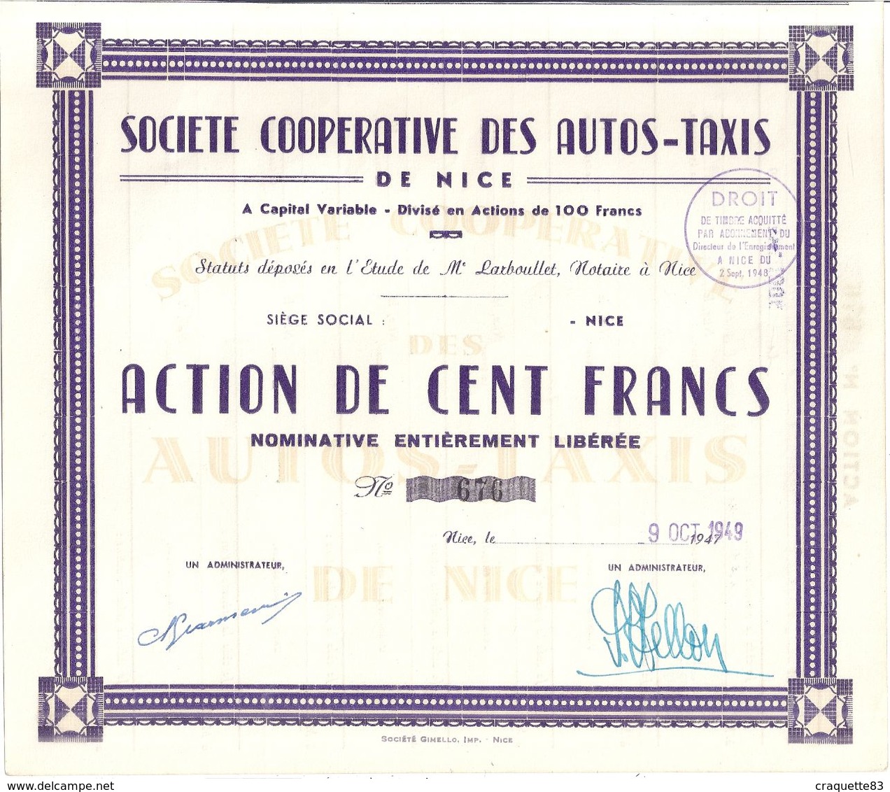 SOCIETE COOPERATIVE DES AUTOS-TAXIS DE NICE -ACTION DE CENT FRANCS -1949 N°676 - Cars