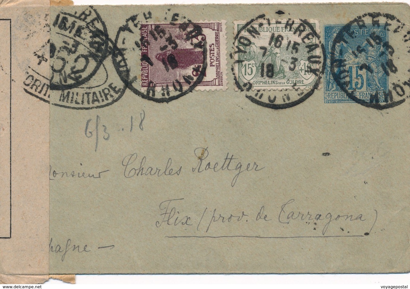 Entier Postal Sage Orphelin Lyon Pour Flix Catalunya Censure - 1877-1920: Période Semi Moderne