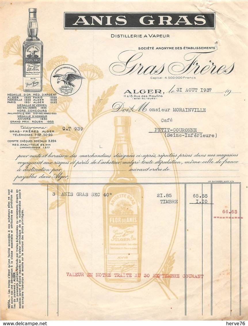 Lettre - Facture - ALGER -1937 - GRAS FRERES - ANIS GRAS Distillerie à Vapeur - 1900 – 1949