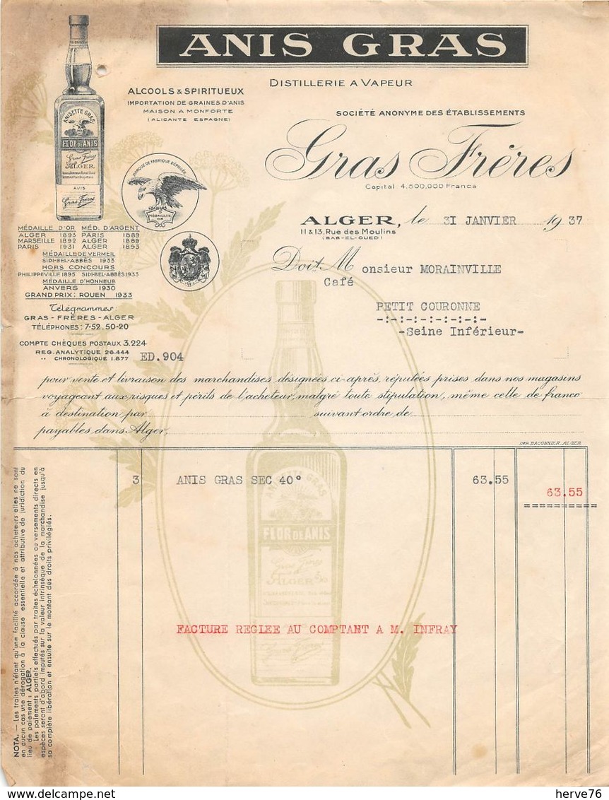 Lettre - Facture - ALGER -1937 - GRAS FRERES - ANIS GRAS Distillerie à Vapeur - 1900 – 1949