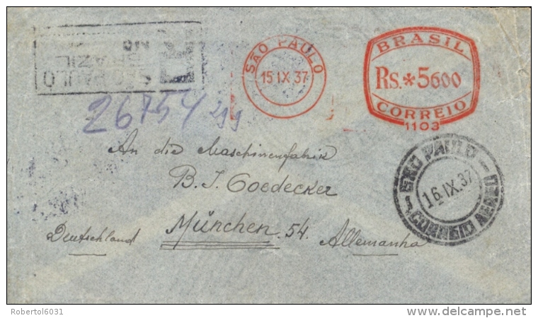 Brazil 1937 Registered Cover From Sao Paulo To Germany By Airmail With Meter Franking 5600 Rs - Franking Labels