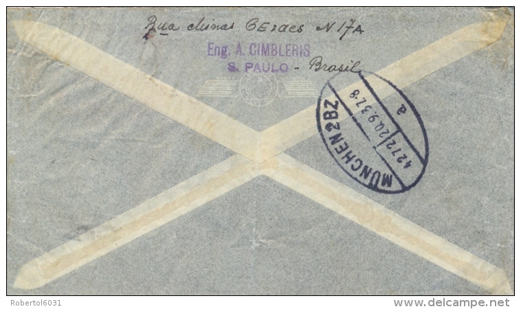 Brazil 1937 Registered Cover From Sao Paulo To Germany By Airmail With Meter Franking 5600 Rs - Frankeervignetten (Frama)