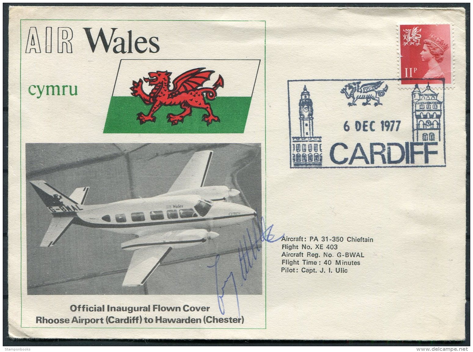 1977 GB Air Wales Cardiff First Flight Cover - Hawarden, Chester SIGNED - Covers & Documents