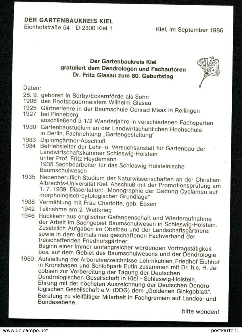 Bund PU113 B2/011 Privat-Umschlag KIEFER DR. FRITZ GLASAU Kiel 1986 - Enveloppes Privées - Neuves