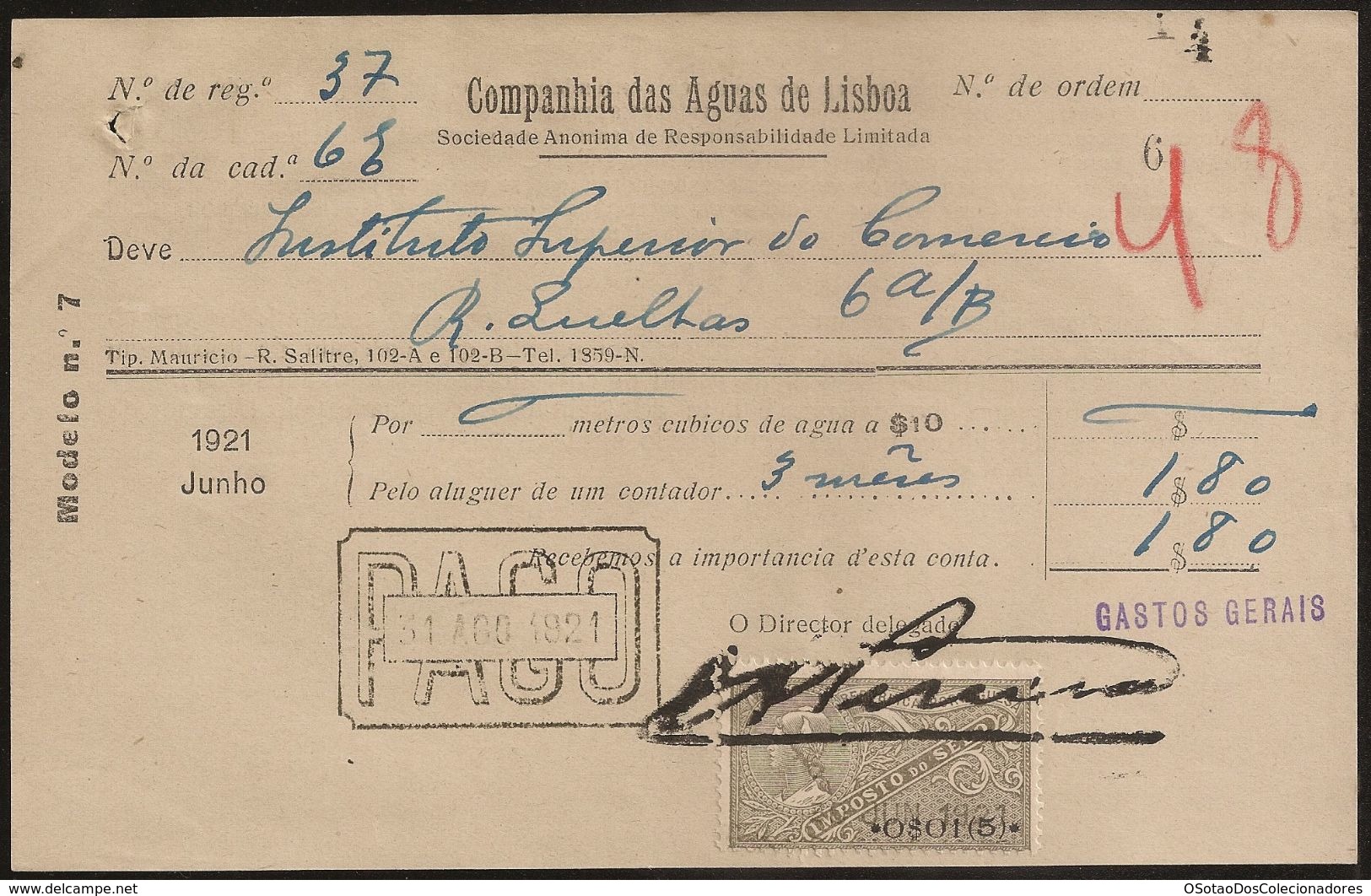 Fatura - Invoice Portugal - Lisboa 1921 - Companhia Das Aguas De Lisboa - Vinheta Imposto Selo - Advertising - Portugal