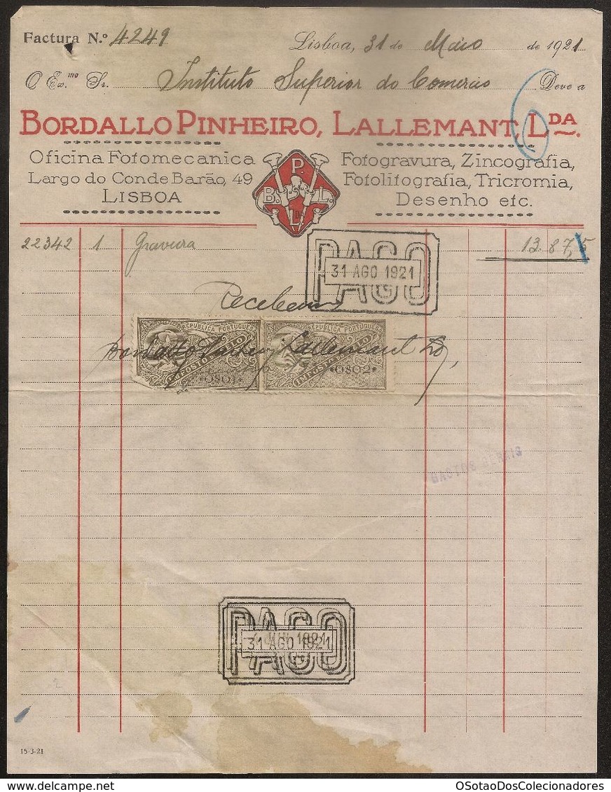 Fatura - Invoice Portugal - Lisboa 1921 - Bordallo Pinheiro, Lallemant, Lda - Vinheta Imposto Selo - Advertising - Portugal