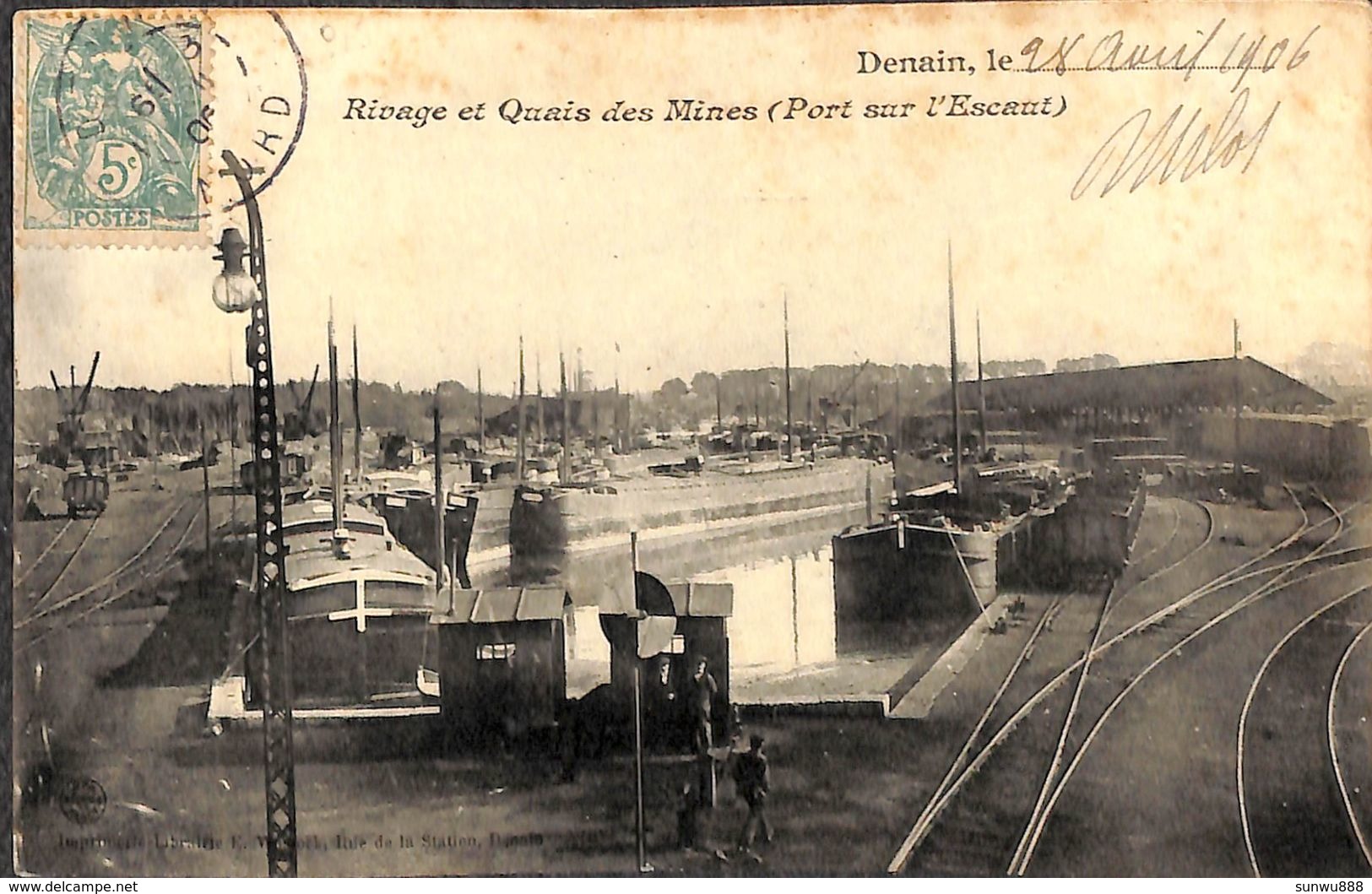 Denain - Rivage Et Quais Des Mines (Port Sur L'Escaut) (animée, Batellerie, Rail 1906) - Péniches