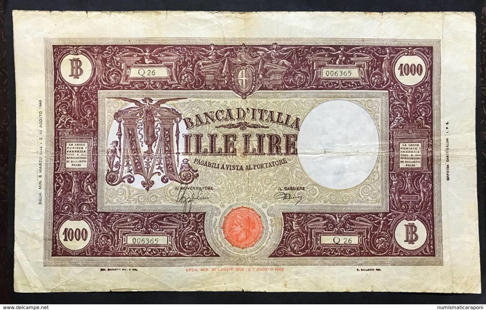 1000 LIRE GRANDE M B.I. R.S.I. 06 03 1944 BIGLIETTO NATURALE N.C. Molto Circolato LOTTO 1566 - 1000 Lire