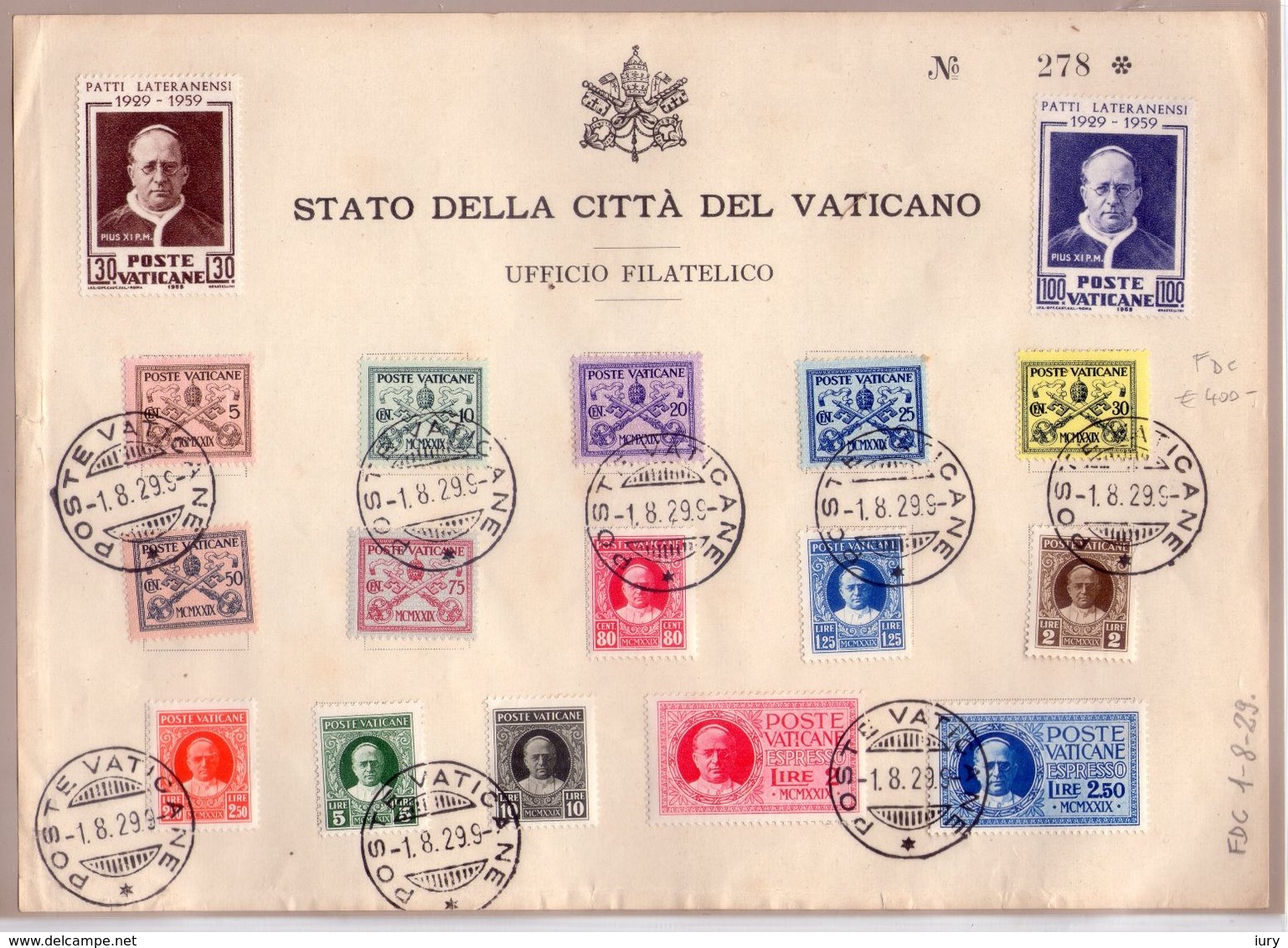 Serie "Conciliazione" Su Foglio Dell'Ufficio Filatelico Vaticano.Annullo FDC. - Storia Postale