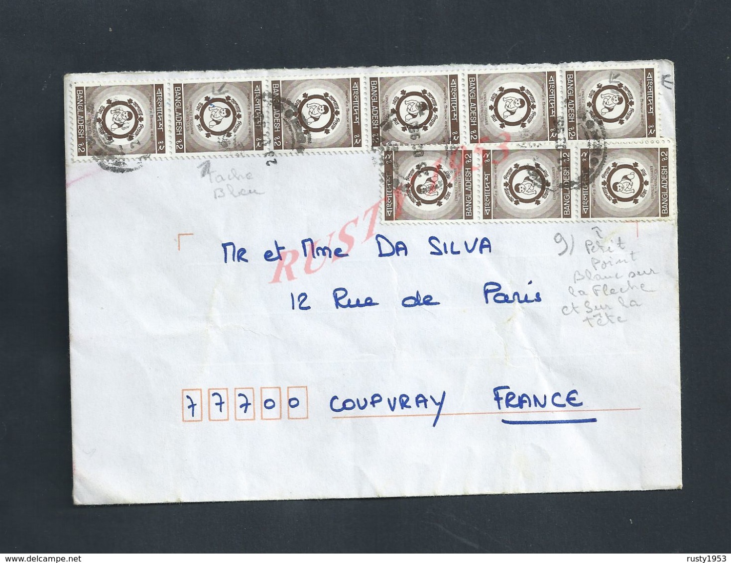 LETTRE DU BANGLADESHSUR BANDE 6 & 3 TIMBRES VARIÉTÉ SUR UN PETIT POINT BLEU L AUTRE POINT BLANT SUR LA TÊTE & FLECHE : - Bangladesh