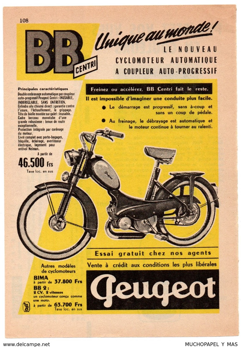 RECORTE DE PRENSA REVISTA O PERIÓDICO PUBLICIDAD MOTO MOTOCICLETA PEUGEOT BB VER  FRANCIA ? FRANCE ? VER FOTO/S Y DESCRI - Publicidad