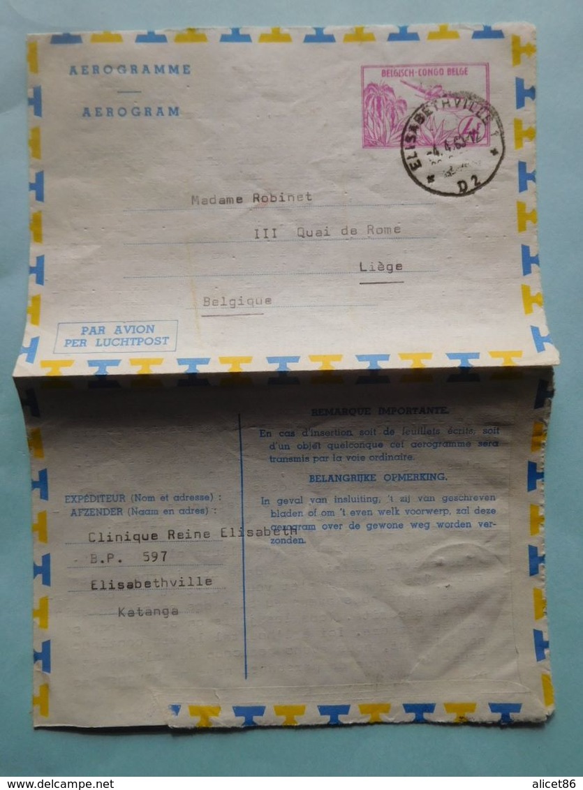 Aerogramme Congo Belge 1963 Document Clinique Reine Elisabeth - Lettres & Documents