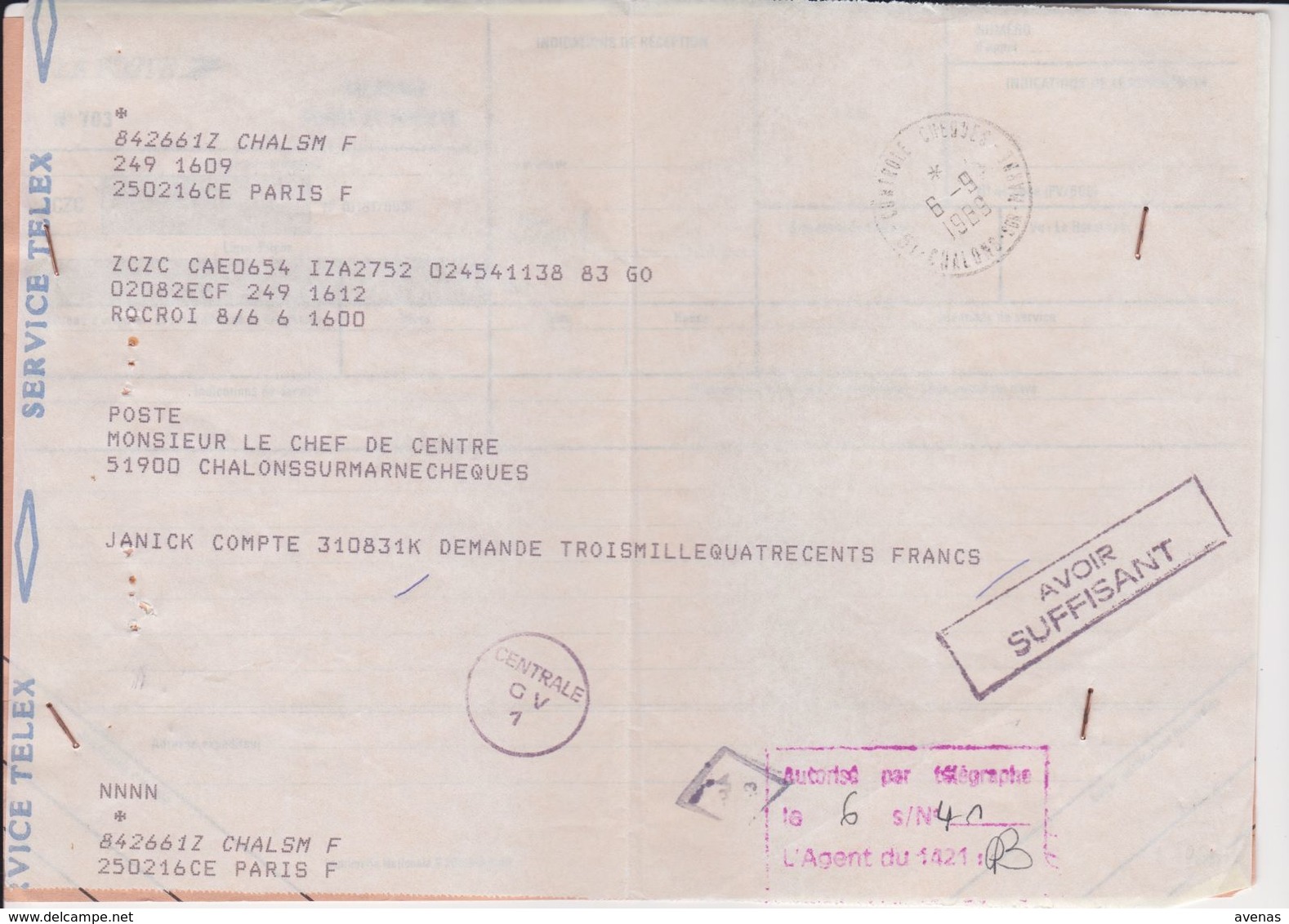 Service TELEX 1989 TàD Manuel CCP CONTROLE CHEQUES Postaux 51 CHALONS SUR MARNE Autorisé Par Télégraphe - 1961-....