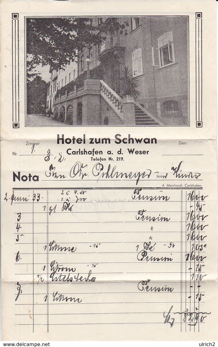 Hotelrechnung Hotel Zum Schwan - Carlshafen A.d. Weser - 1933 (33582) - 1900 – 1949