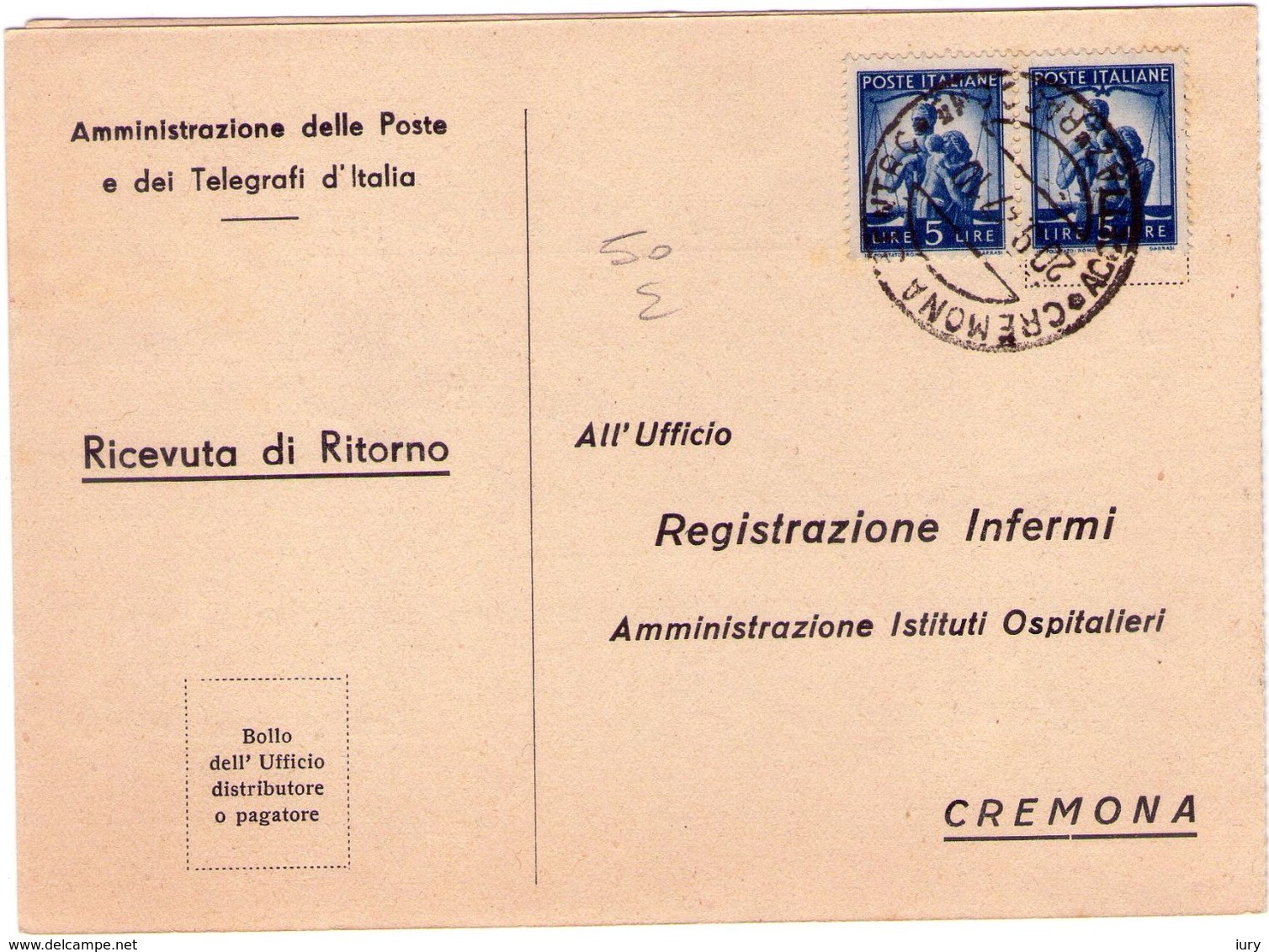 Cartolina  Sottile Con Ricevuta Di Ritorno Attaccata.VEDERE 2 FOTO. - 1946-60: Storia Postale