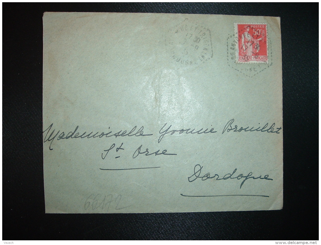 LETTRE TP PAIX 50c OBL. HEXAGONALE Tiretée 17-9-35 AUTONNE ET TRIGONANT DORDOGNE (24) Arrivée STE ORSE - Cachets Manuels