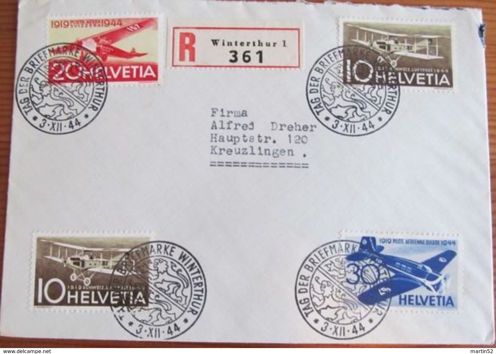 R-Brief TAG DER BRIEFMARKE WINTERTHUR 3.XII.44 Mit Zu F37-39 Mi 435-437 Yv PA 36-38 - Briefe U. Dokumente