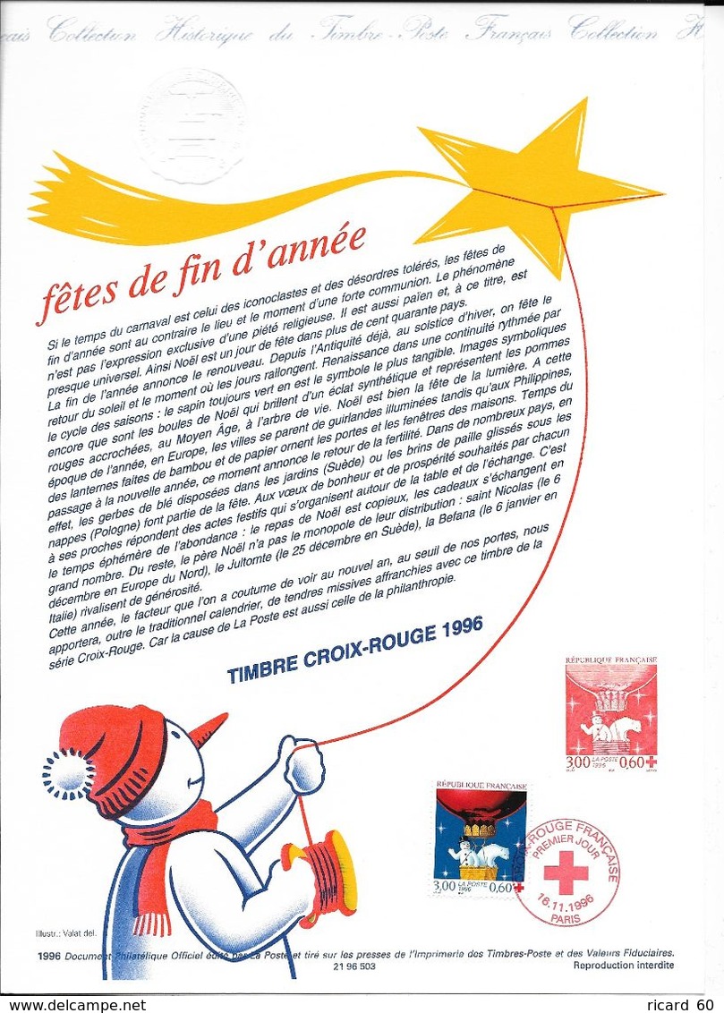 Doc Fdc+ Gravure 16/11/96 , N°3039, Croix Rouge, Fête De Fin D'année, Bonhomme De Neige, Ours Polaire - Documents De La Poste