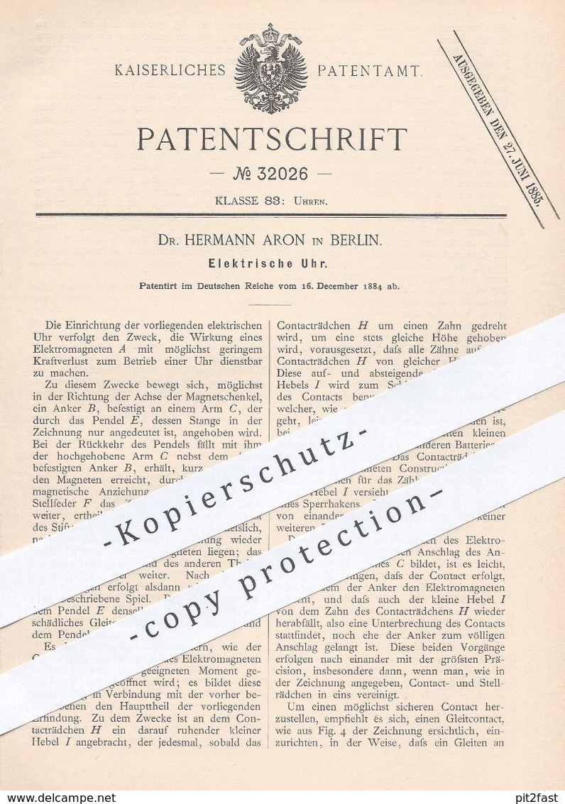 Historical Documents - original Patent - Dr. Hermann Aron , Berlin , 1884 ,  Elektrische Uhr