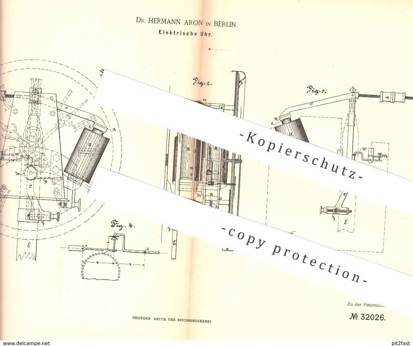 Historical Documents - original Patent - Dr. Hermann Aron , Berlin , 1884 ,  Elektrische Uhr