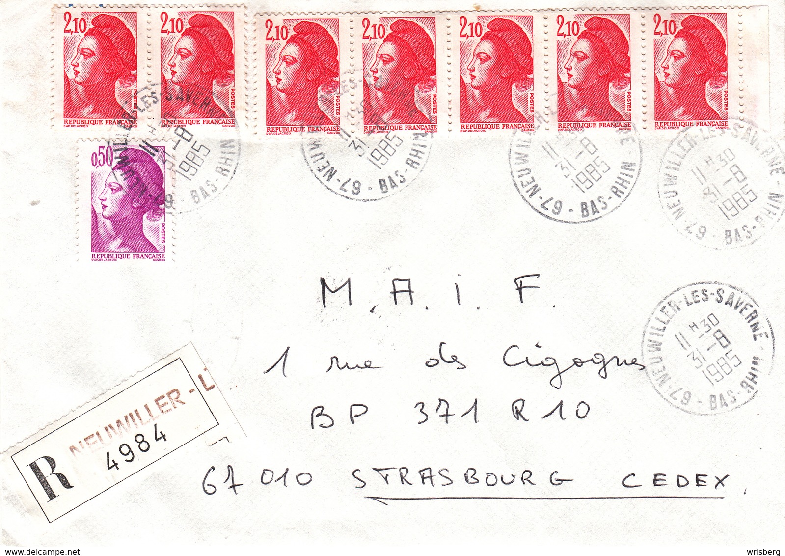 Env Reco Affr Y&T 2184 + 2319 X 7 Obl NEUWILLER LES SAVERNE Du 31.8.1985 Adressée à Strasbourg - Cartas & Documentos