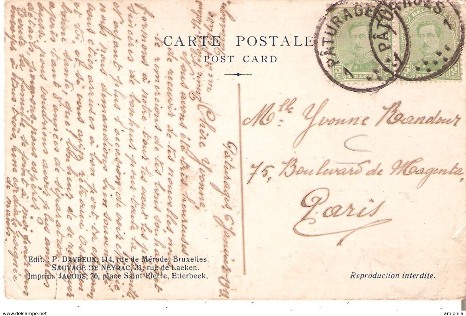 CP. PAIRE TP. N° 137 Obl. FORTUNE CENTRE VIDE PATURAGES 1 Du 6/1/1919 V/PARIS Voir Verso - Fortune Cancels (1919)