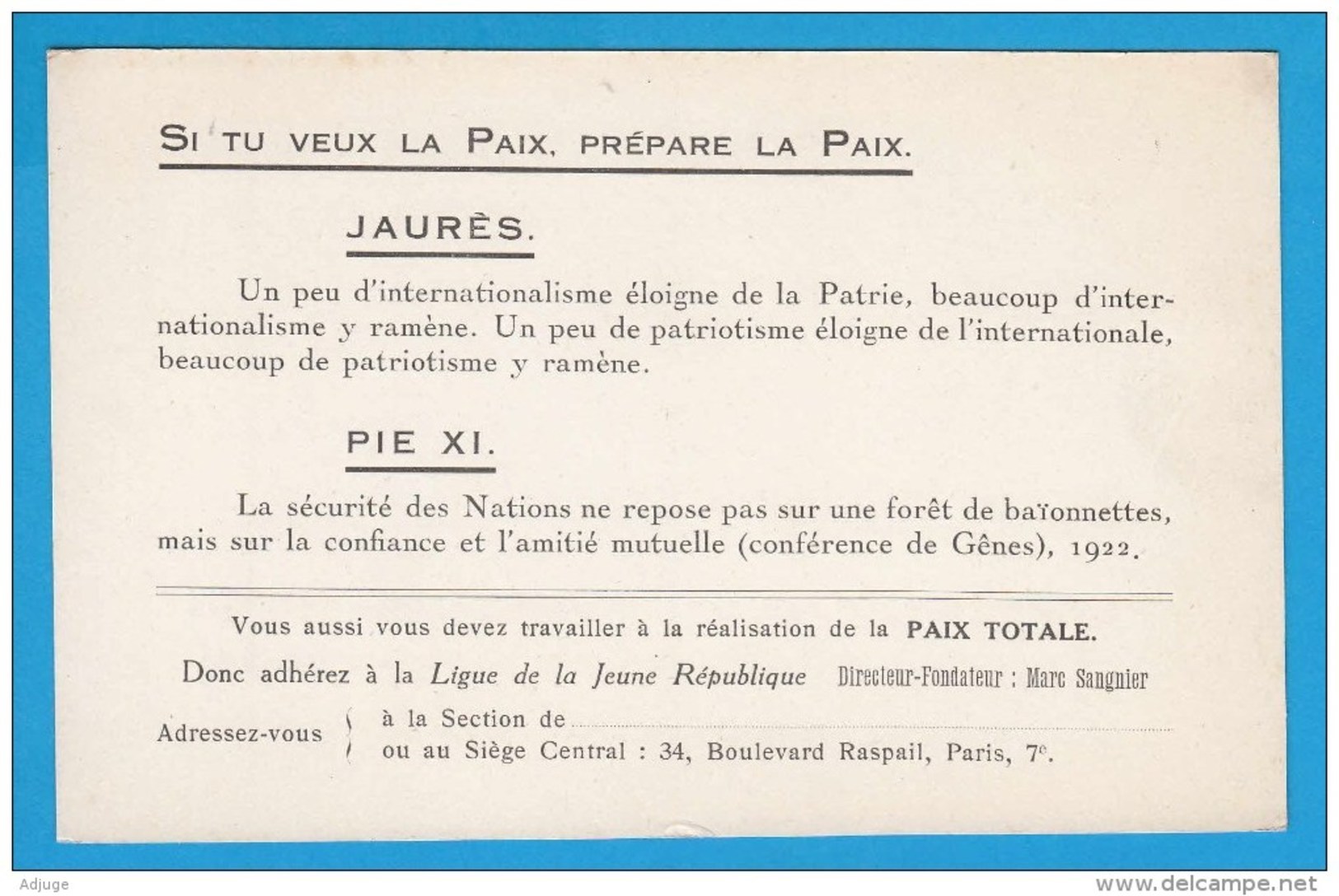 CPA  Ann.1920 Carte D'adhésion LIGUE De La JEUNE RÉPUBLIQUE Directeur- Fondateur MARC SANGNIER -2 SCANS - Partis Politiques & élections