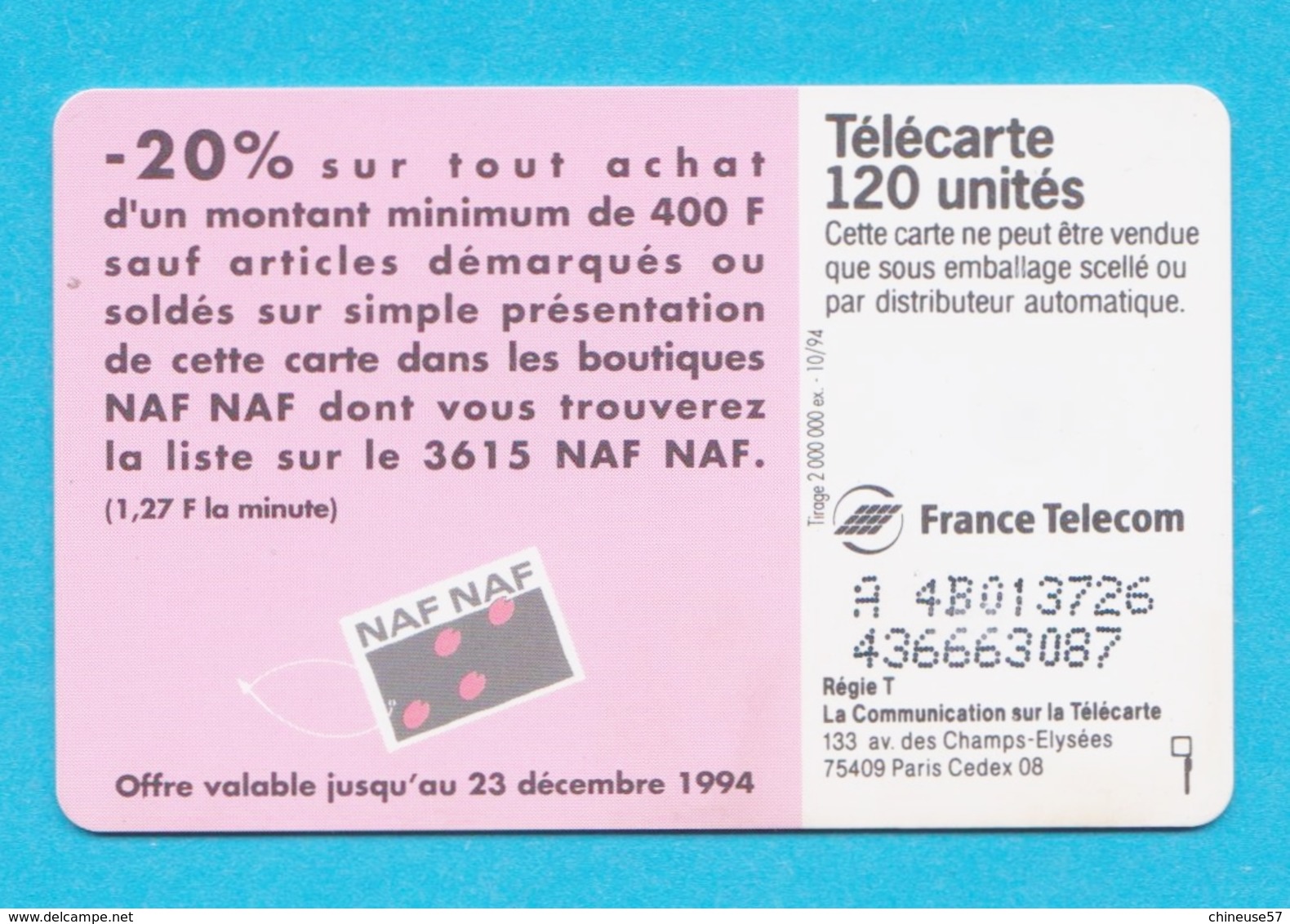 Télécarte 120 Naf Naf Mode Vetements Cochon - 120 Unités 