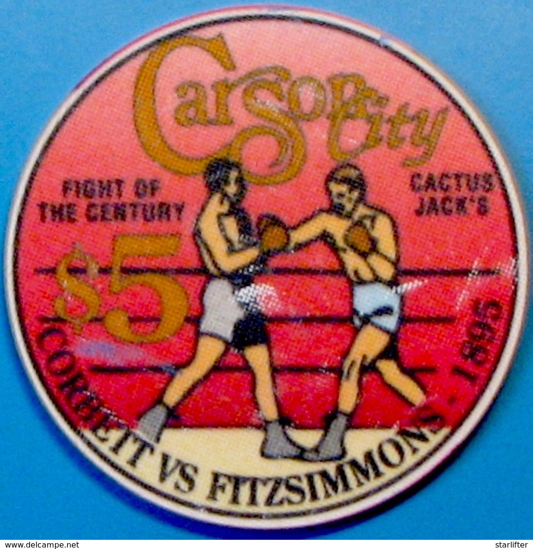 $5 Casino Chip. Cactus Jack's, Carson City, NV. Corbett Vs Fitzsimmons 1995. L92. - Casino