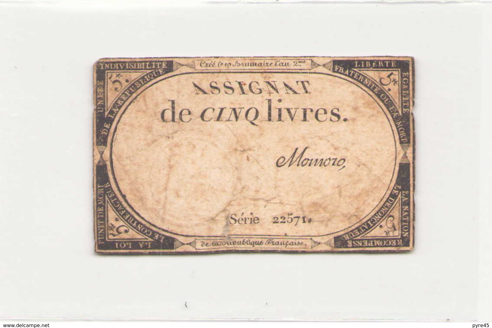 Assignat De Cinq Livres L'an Deuxième , Série 22571 ( Déchirure ) - Assignats