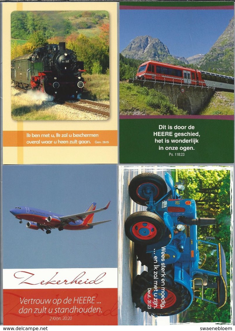 NL.- 4 Tekst Kaarten Van Evangelie Lectuur. Trein, Locomotief 86 333, Vliegtuig, Tractor Merk LANZ. Nieuw. - Andere & Zonder Classificatie