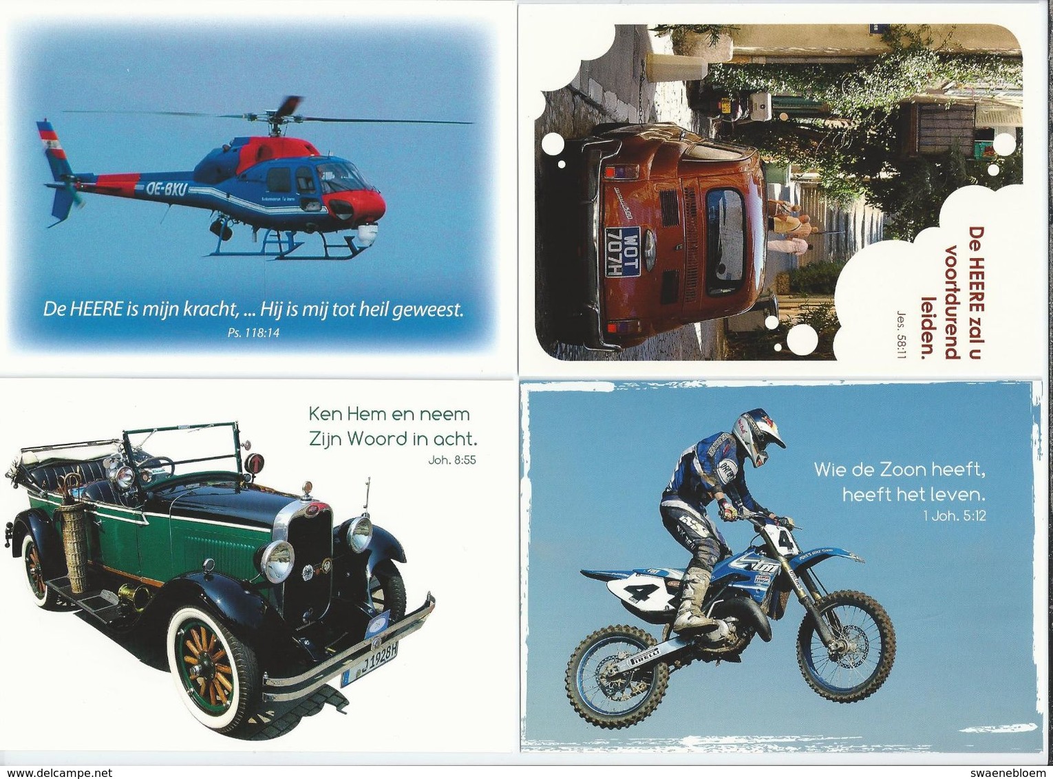 NL.- 4 Tekst Kaarten Van Evangelie Lectuur. Helikopter, Fiat, Auto, Motorfiets. Nieuw. - Andere & Zonder Classificatie