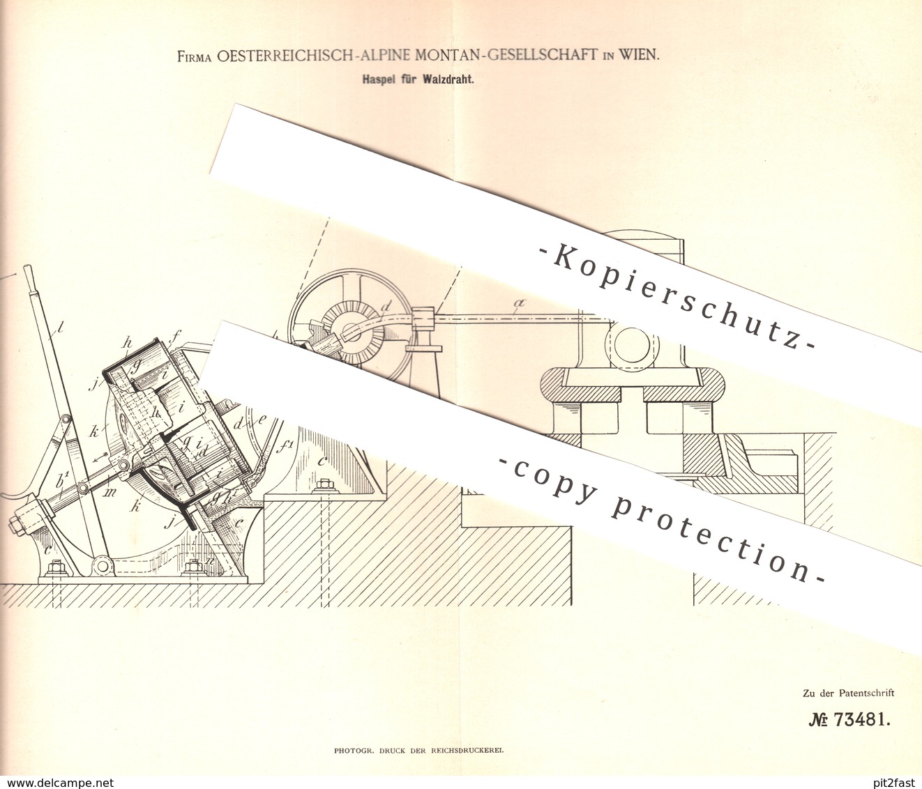 Original Patent - Österreichisch Alpine Montan Ges. Wien , 1892 , Haspel Für Walzdraht | Draht , Drahthaspel , Blech !!! - Documentos Históricos