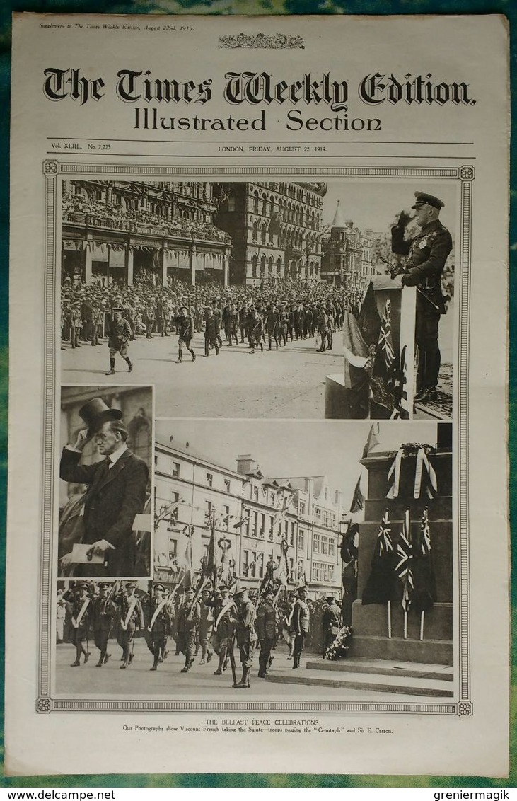 Newspaper London 22/08/1919 The Times Weekly Edition Illustrated Section - The Belfast Peace Celebrations - Cricket - Autres & Non Classés