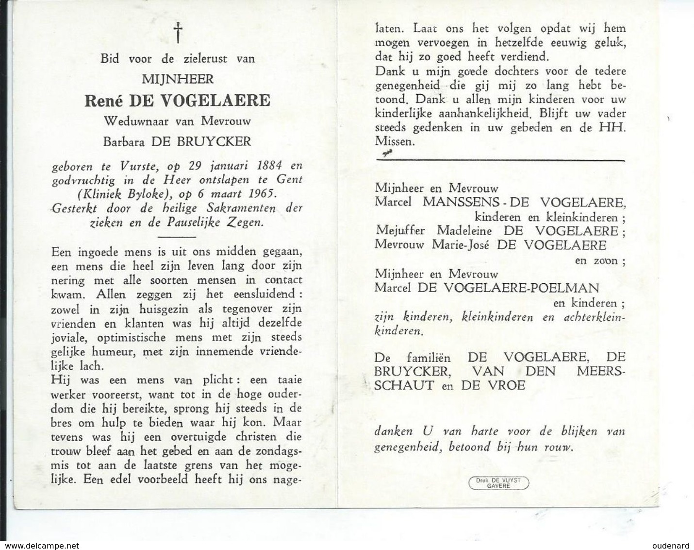 B.P.  VURSTE   DE  VOGELAERE  RENE 1884 - 1965 GENT - Religion & Esotericism