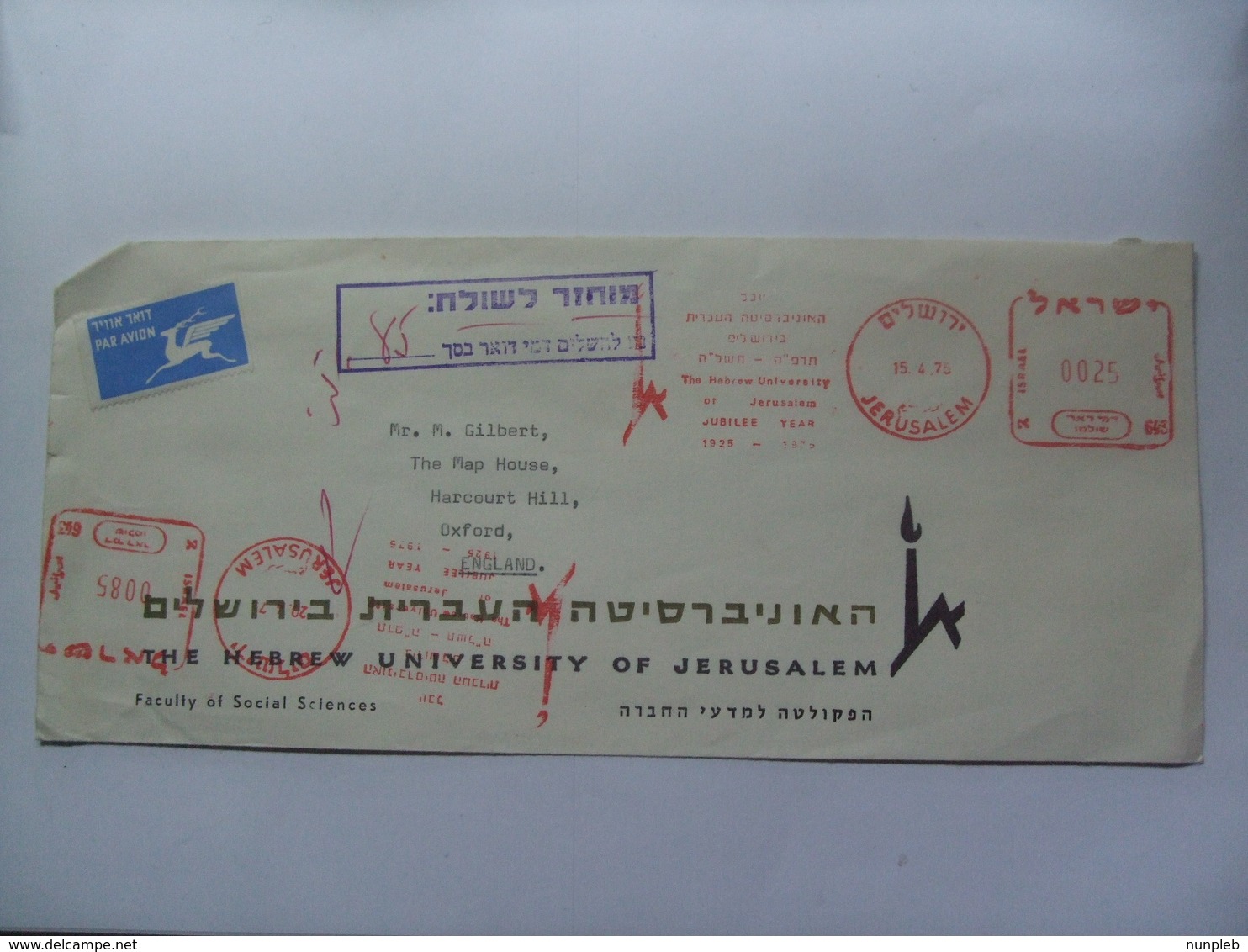 ISRAEL - 1975 Air Mail Cover Meter Marks From Jerusalem To Oxford England - Covers & Documents