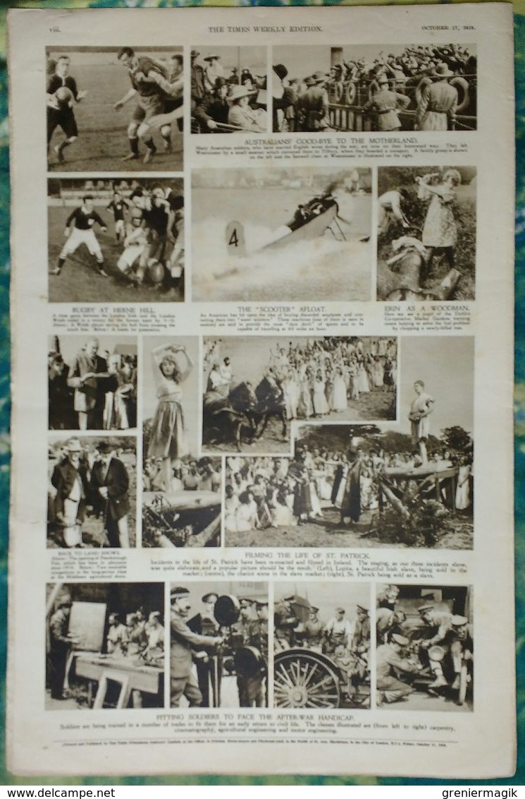 Newspaper London 17/10/1919 The Times Weekly Edition Illustrated Section - England's Return To Sport - Fashion - Autres & Non Classés