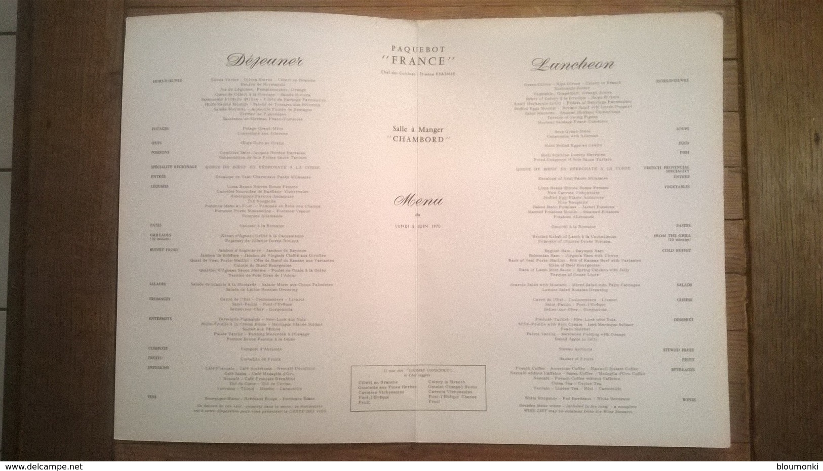 Menu Paquebot FRANCE Compagnie Générale Transatlantique Lundi 8 Juin 1970 - Menu