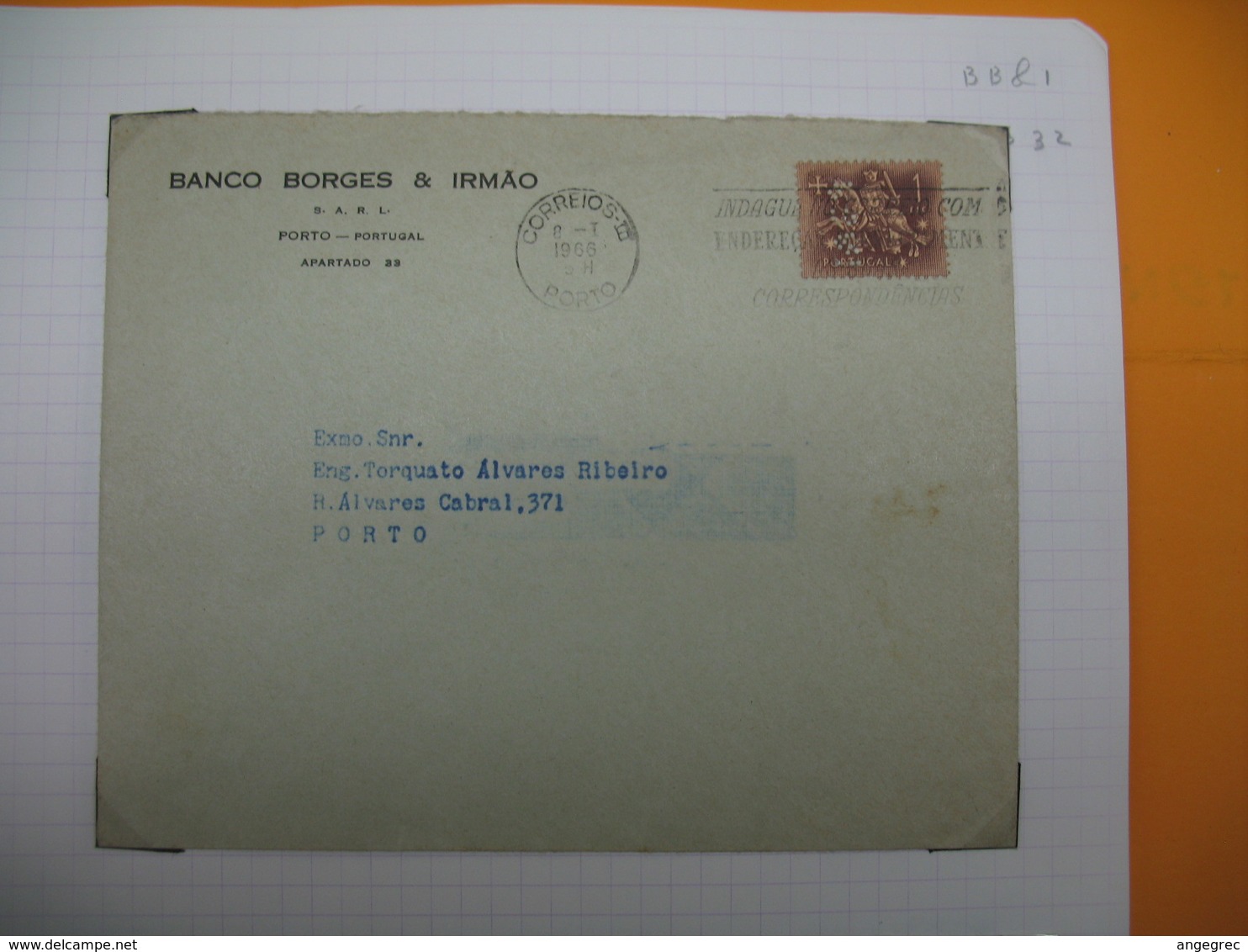 Portugal  Lettre   1966  Perforé Perfin  Perfurado    :  BB&1   332    De Correios III Porto   Banco Borges & Irmao - Lettres & Documents