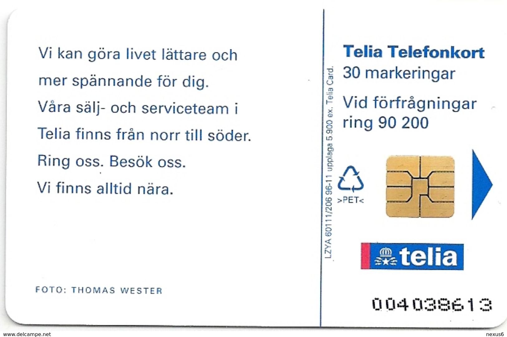 Sweden - Telia - Alltid Nära 1 Woman's Lips, 11.1996, 30U, 5.900ex, Mint - Schweden