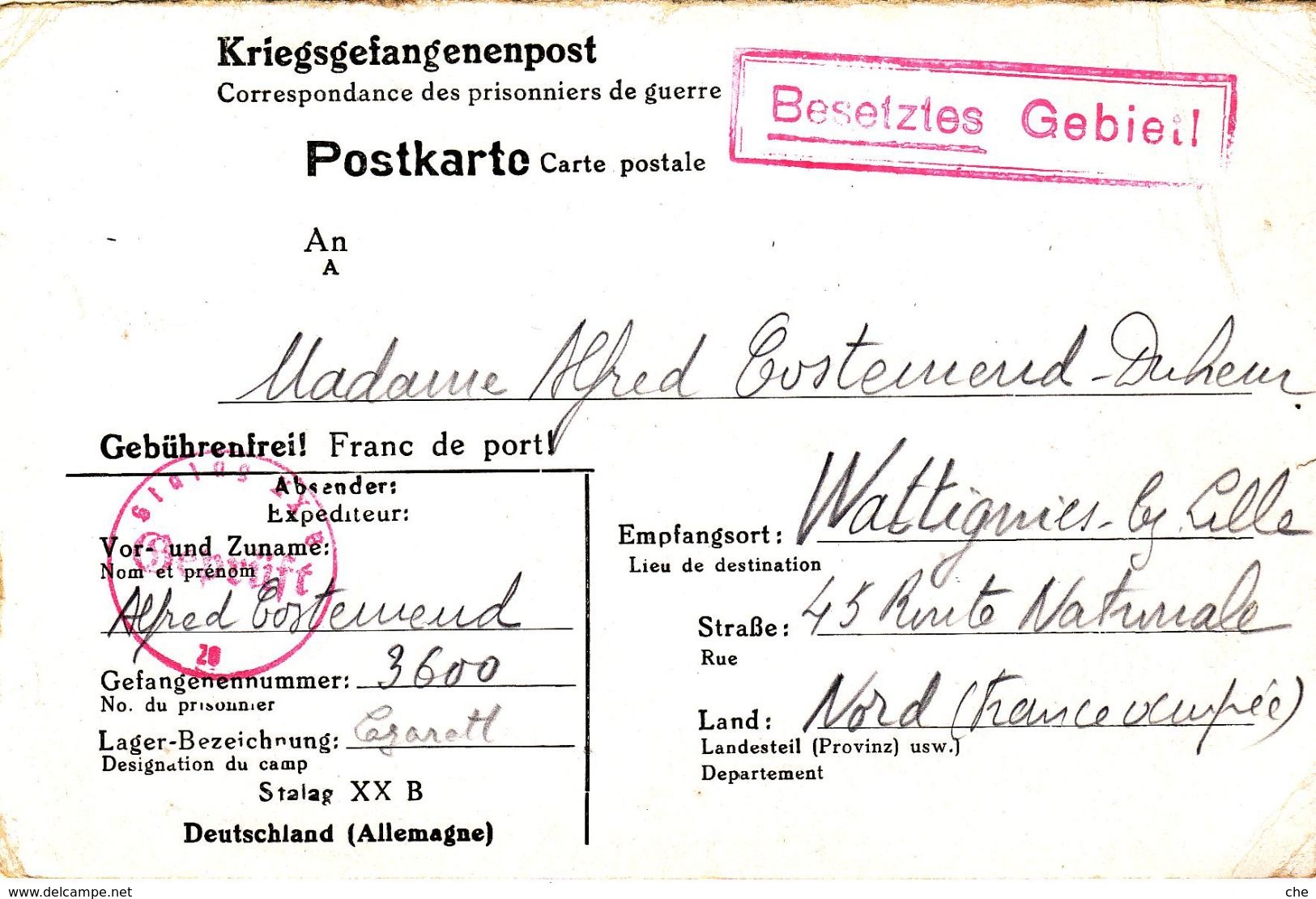 STALAG XXB LAZARETT VERS WATTIGNIES   CENUSRE GEPRUFT 26 - Militaria