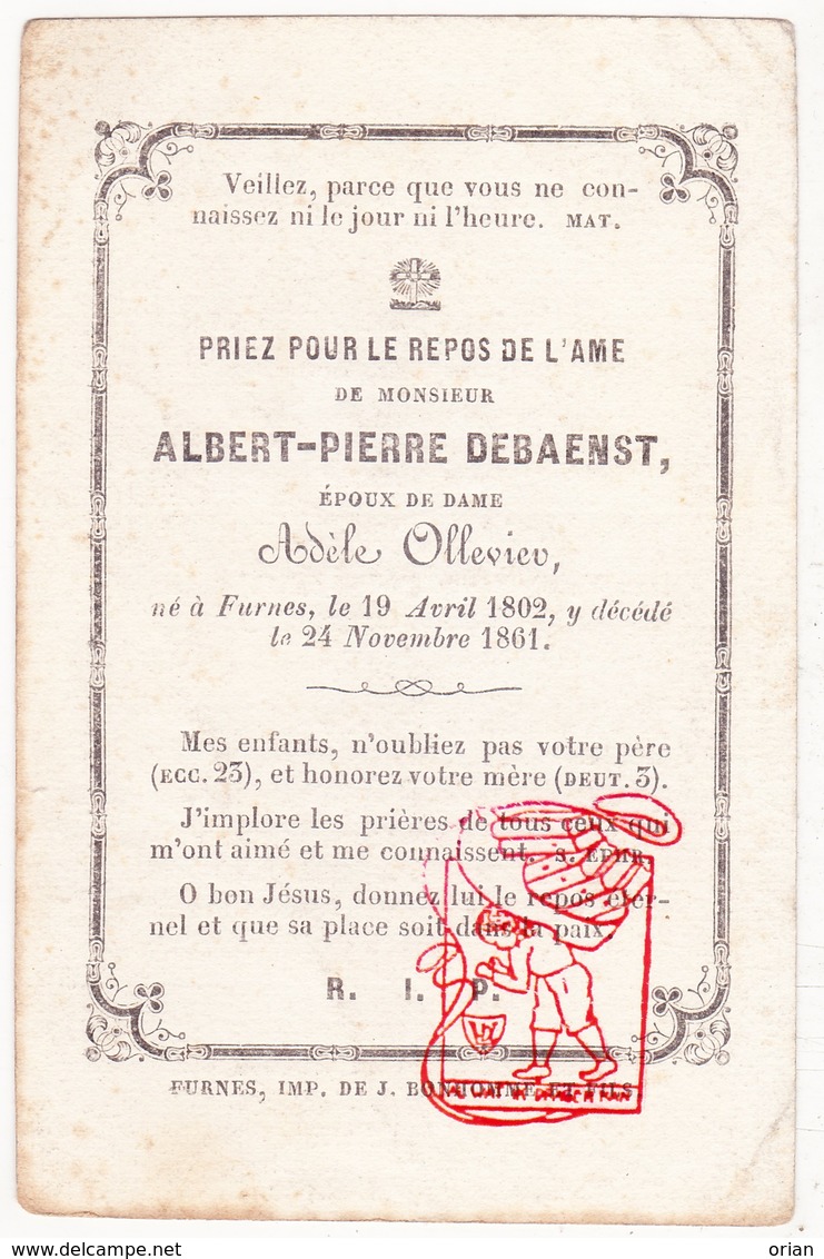 DP Albert P. DeBaenst ° Veurne 1802 † 1861 X Adèle Ollevier - Images Religieuses