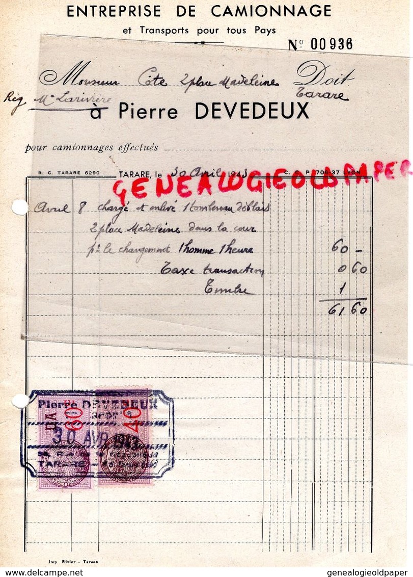 69- TARARE - FACTURE PIERRE DEVEDEUX- ENTREPRISE CAMIONNAGE-TRANSPORTS TOUS PAYS- 1943 - Transports