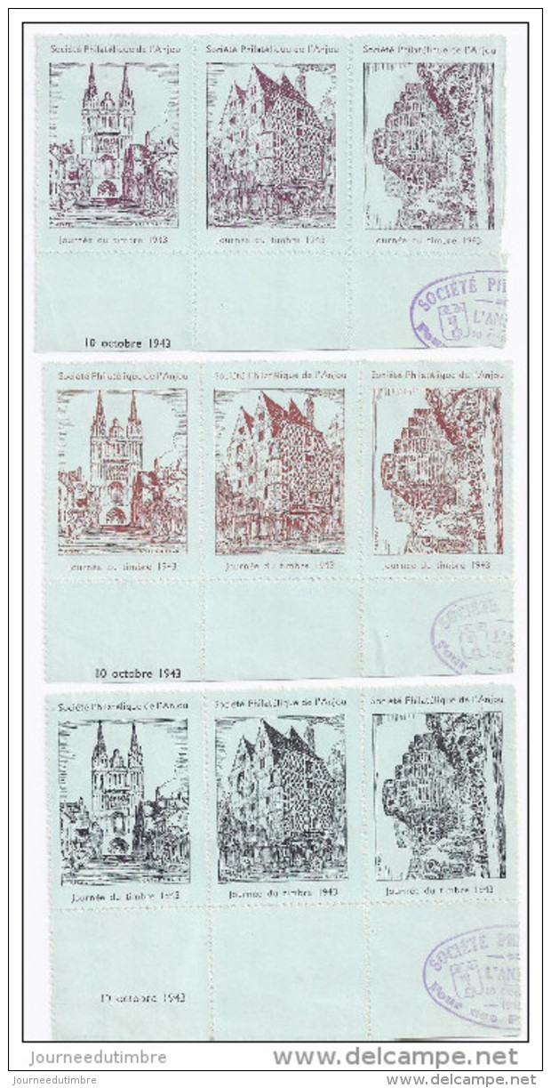 9 Vignettes Journée Du Timbre 1943 Angers Chateau,maison D&acute;adam,cathedrale, - Philatelic Fairs