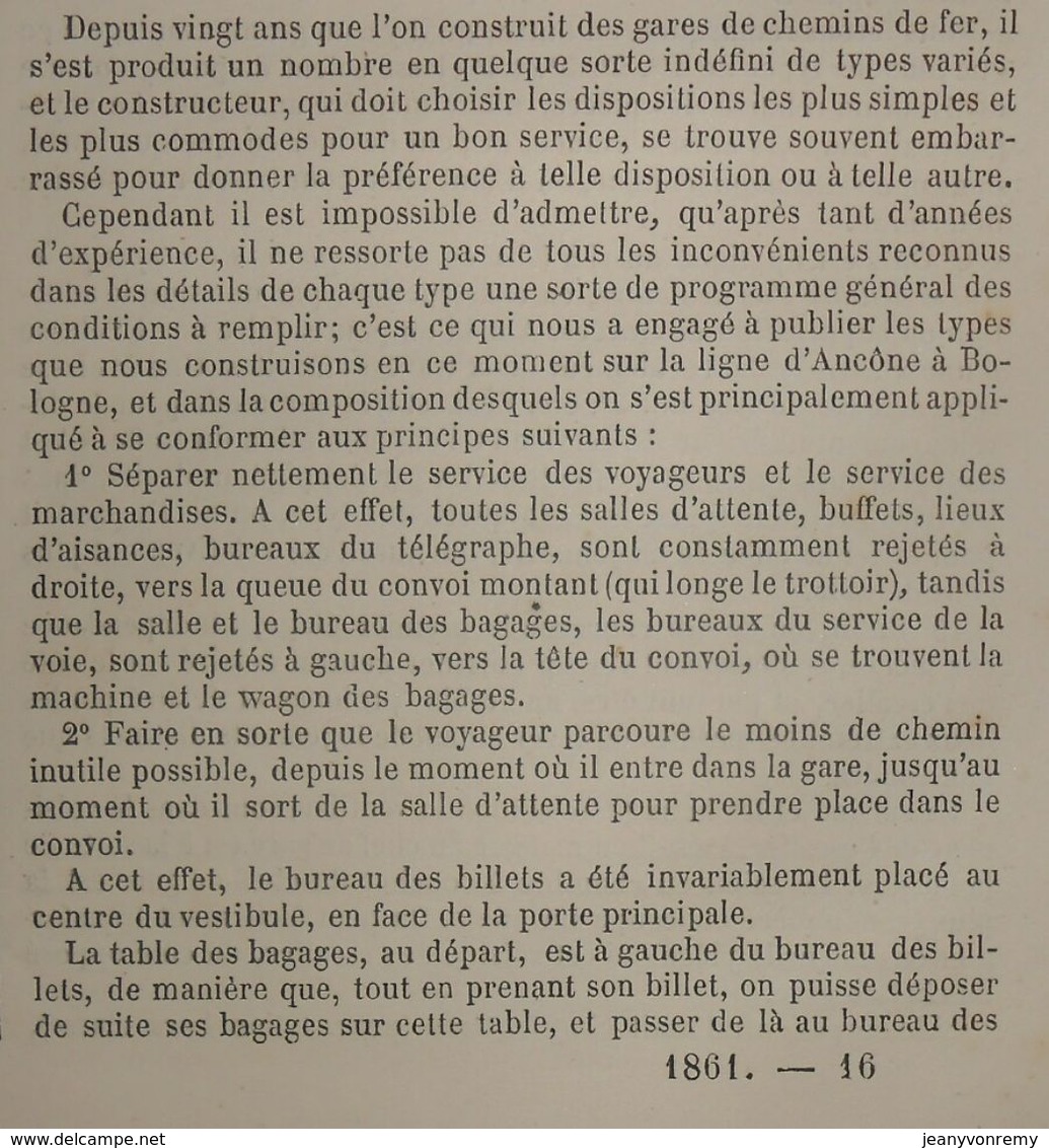 Plan De Type De Bâtiment De Voyageurs Pour Station De 1ère Classe Du Chemin De Fer D'Ancône à Bologne. 1861 - Travaux Publics