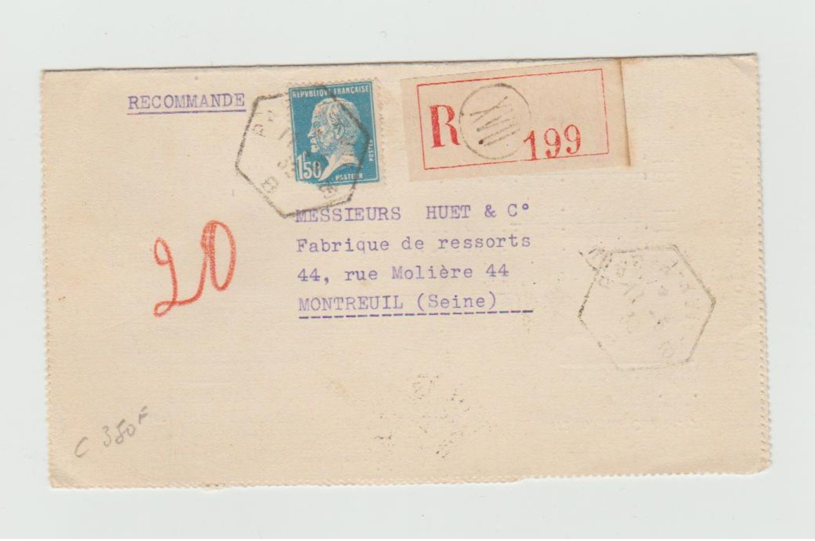 Recommandé 1932 - PARIS XVII - Cachet Hexagonal Paris - B - Sur Carte Lettre Avec Pasteur YT 181 - Cachets Manuels