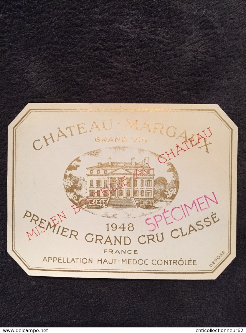 Ancienne Étiquette VIN CHÂTEAU MARGAUX GRAND VIN 1948 CRU CLASSÉ - Bordeaux